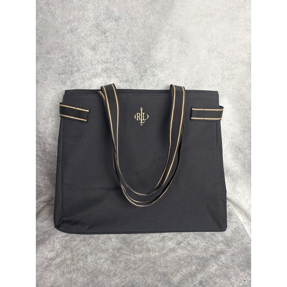 Lauren Ralph Lauren Black Canvas Travel Tote Bag Purse Dual Handles Monogrammed